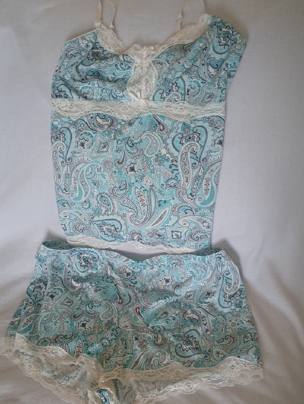 Women’s Lace-Trim Paisley Cami & Short Pajama Set - Aqua